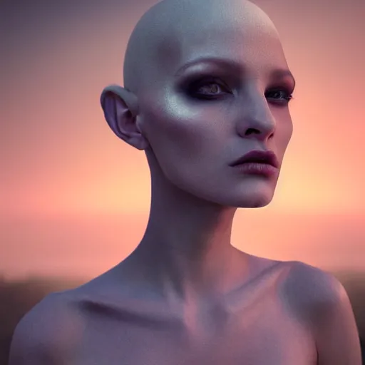 Image similar to photographic portrait of a stunningly beautiful alien gothic female in soft dreamy light at sunset, contemporary fashion shoot, by edward robert hughes, annie leibovitz and steve mccurry, david lazar, jimmy nelsson, breathtaking, 8 k resolution, extremely detailed, beautiful, establishing shot, artistic, hyperrealistic, beautiful face, octane render