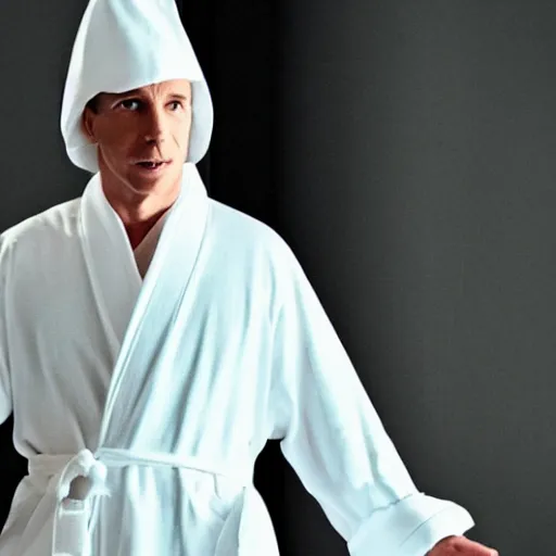 Image similar to anthropomorphic egg benedict wearing white robes