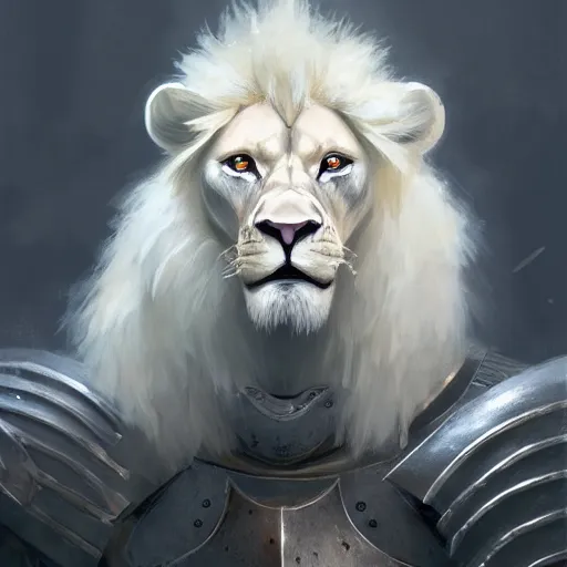 Image similar to a beautiful award winning commission of an anthro albino lion dressed in knight armour,digital art,art by greg rutkowski,character design by charles bowater,ross tran,photorealistic,highly detailed,detailed face,4k,dramatic,deviantart,artstation