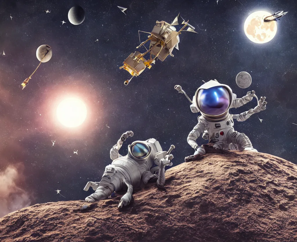 Image similar to black ant astronaut repairing its space nest craft with the earth and the moon in background, and shooting stars, aesthetic octane render, hyperrealistic, focused, extreme details, masterpiece, 8 k, ultrahd, hd resolution