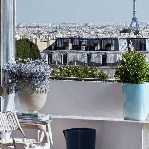 Prompt: clay pot on balcony overlooking paris eiffel tower, light pastel blue sky and clouds in the background, softly - lit, soft - warm, zen, light, modern minimalist f 2 0 clean