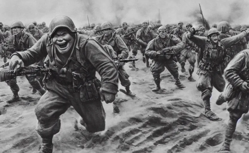 Prompt: Photo of Shrek leading the 1944 Omaha beach charge, photography by Robert F. Sargent, Normandy, D-Day, very detailed, realistic