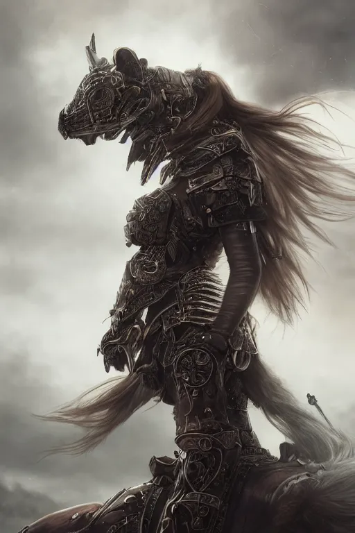 Prompt: ultra realist and ultra intricate detailed soft painting of a beautiful gothic armored female war bear cavalry , thin lustrous long auburn hair, symmetry features, sensual gloomy style, volumetric clouds, cyberpunk background, artstation, unreal render, depth of field