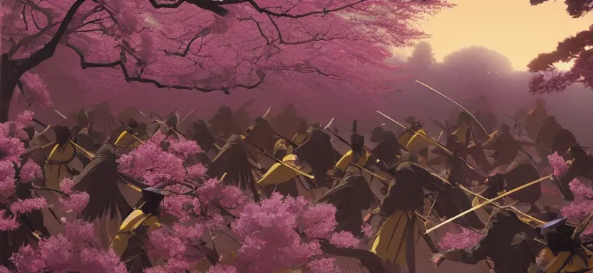 Prompt: a battalion of samurai battle in a cherry blossom forest, digital painting masterpiece, by ilya kuvshinov, by frank frazetta, by mœbius, by reiq, by hayao miyazaki, intricate detail, beautiful brush strokes, advanced lighting technology, 4 k wallpaper, interesting character design, stylized yet realistic anatomy and faces, inspired by kill bill animated scene