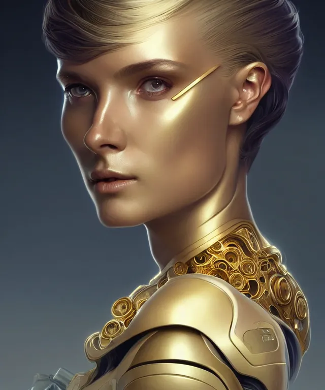 Image similar to futuristic woman android portrait, sci-fi female, azure eyes, face, short hair tomboy, cyberpunk, intricate, elegant alabaster skin, highly detailed gold filigree, digital painting, artstation, concept art, smooth, sharp focus, illustration, art by artgerm and greg rutkowski and alphonse mucha