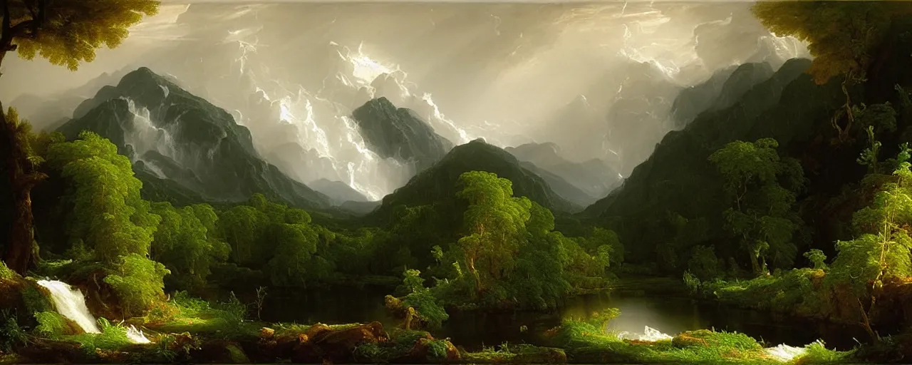Image similar to beautiful forest scenery, distant mountains, river flowing through, distant cloud shadows, raining, rain, painting by thomas cole