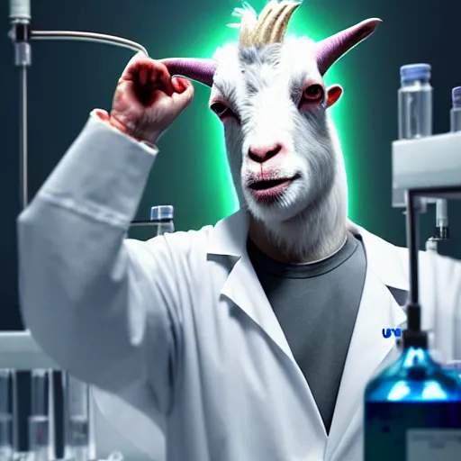 Image similar to a mad scientist goat in lab coats mixing acids in a lab, close - up shot, digital art, trending on artstation and unreal engine, deviantart, smooth, hyper detailed, matte painting, award - winning, hd, 4 k