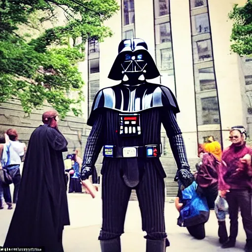 Prompt: darth vader poses with tourists in nyc, instagram photo, trending, popular, award winning