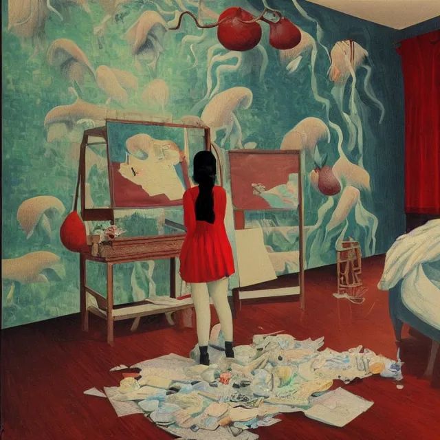 Image similar to female emo art student in her apartment, painting of flood waters inside an artist's feminine bedroom, a river flooding indoors, pomegranates, pigs, ikebana, water, octopus, river, rapids, waterfall, black swans, canoe, berries, zen, acrylic on canvas, surrealist, by magritte and monet