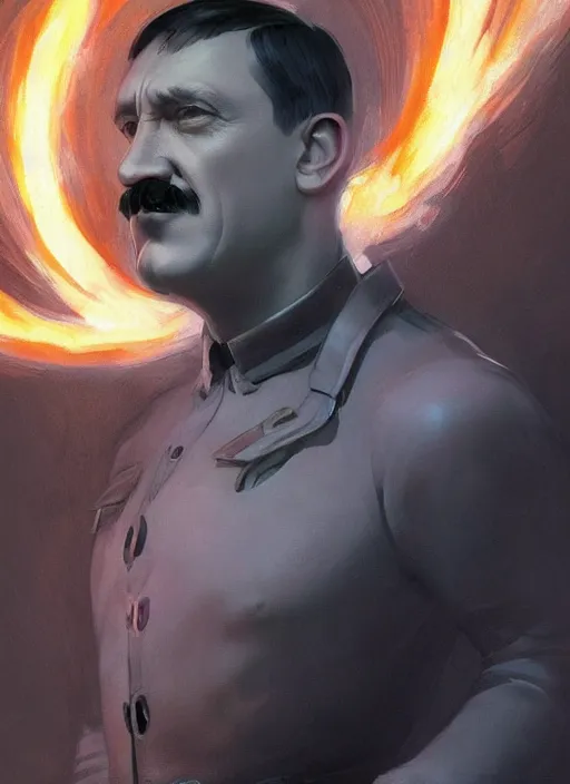 Prompt: close-up of character concept portrait of Hitler from Fantastic 4 conjuring a violent void multiversal fire, a floating iridescent lightning and thunder dragon from God of War in the center, intricate, elegant, digital painting, concept art, smooth, sharp focus, illustration, by WLOP and Ruan Jia and Mandy Jurgens and William-Adolphe Bouguereau, Artgerm