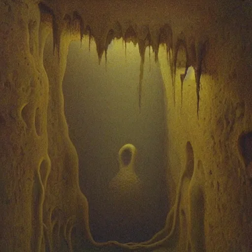 Prompt: Cavern. Tumorous. Eerie. Unsettling. Zdzisaw Beksinski