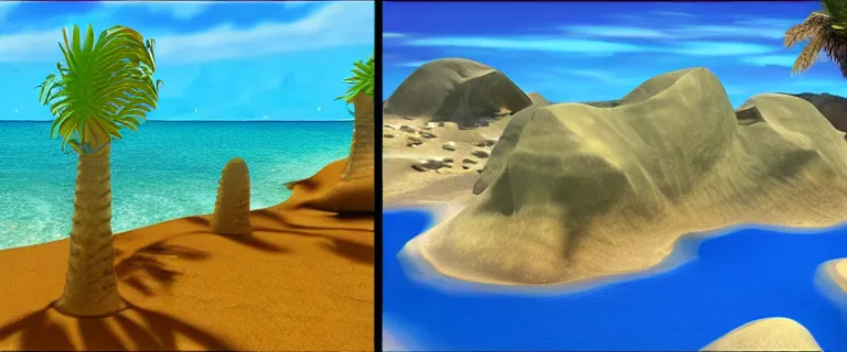 Prompt: A desert island paradise on Playstation 1 3D graphic, crystal clear sea, screenshot