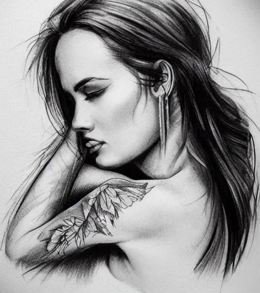 Image similar to tattoo design sketch of an extremely beautiful woman face with a faded background of stunning mountain view on her side, hyper - realistic, in the style of matteo pasqualin, amazing detail, black and white, faded