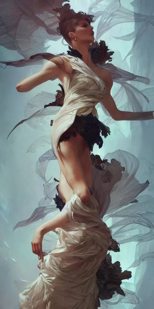Image similar to high fashion photography, vogue, shooting, intricate, highly detailed, action pose, digital painting, artstation, concept art, smooth, sharp focus, illustration, Unreal Engine 5, 8K, art by artgerm and greg rutkowski and alphonse mucha