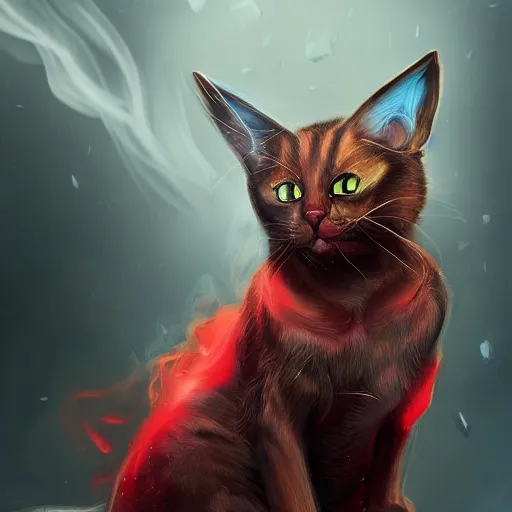 Image similar to fantasy portrait devil cat with red eyes looking towards camera and smoke in background, high detail, digital art, beautiful , concept art,fantasy art, 4k