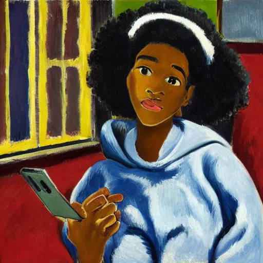 Image similar to early morning. a young ebony with afro hair wearing a wearing a cozy hoodie is texting on her smartphone. sunlight is entering through the window and beautifully lighting the face. depth of field, backlit, closeup, oil on canvas, art by henri matisse 1 9 4 4, in the style of dance by henri marisse, 1 9 1 0, smooth, fauvism, 2 k