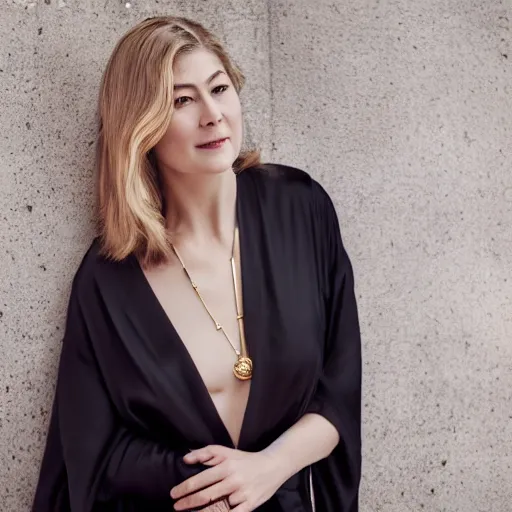 Image similar to rosamund pike wearing black robe and golden necklace cinematic photoshoot high quality highly affordable photo realistic 8 k hd