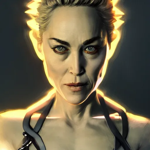 Image similar to sharon stone portrait, dystopia core, apocalyptic, armor, warrior, dramatic, sharp focus, fiction, neon, fantasy, hyper detailed, digital art, trending in artstation, cinematic lighting, studio quality, smooth render, unreal engine 5 rendered, octane rendered, art style and nixeu and wlop and krenz cushart