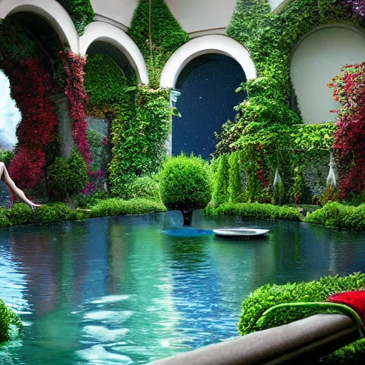 Image similar to hyperrealism photography computer simulation visualisation of parallel universe detailed bath in the detailed garden in dramatic scene from art house futuristic movie by caravaggio and alejandro jodorowsky