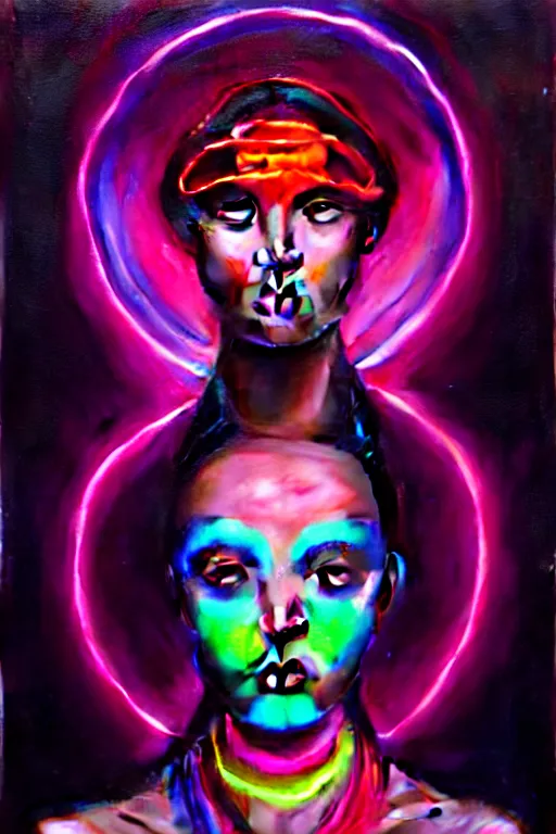 Image similar to patron saint of 🛸🌈👩🏾, futuristic clothing, neon god of city character portrait, in the style of moebius, tom bagshaw, and waterhouse, cinematic lighting, beautiful, elegant, oil painting,