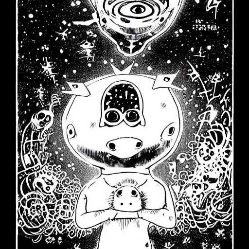 Prompt: black and white trippy comic art of a pig wearing a gold crown abducted by ufo, lots of particles, drawn by Martin Rowson, Tim Burton, Studio Ghibli, Alex Pardee, Nekro Petros Afshar, James McDermott, cgsociety 4K