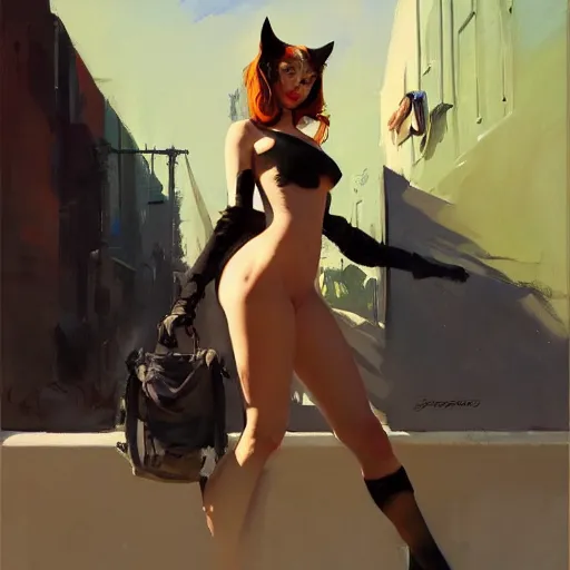 Prompt: Greg Manchess portrait painting of a cat girl, medium shot, asymmetrical, profile picture, Organic Painting, sunny day, Matte Painting, bold shapes, hard edges, street art, trending on artstation, by Huang Guangjian and Gil Elvgren and Sachin Teng