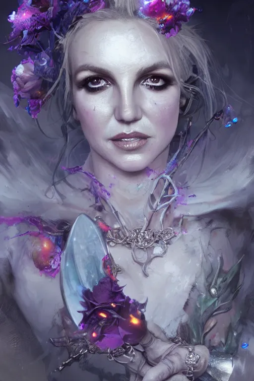 Prompt: britney face closeup of beautiful girl necromancer, witch - doctor covered with crystals exploding into ice, 3 d render, hyper realistic detailed portrait, holding magic flowers, ruan jia, wlop. scifi, fantasy, hyper detailed, octane render, concept art, peter mohrbacher