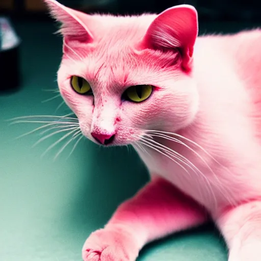 Prompt: photo of a pink cat, with a hamburger inside of it's mouth