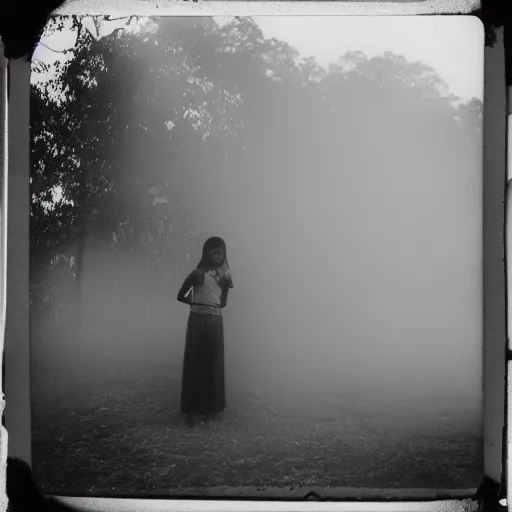 Prompt: an ancient evil-girl devouring the souls of the human kind on an abandoned house, Colombian jungle, mist, 1910 polaroid photography, grainy film, Black and white