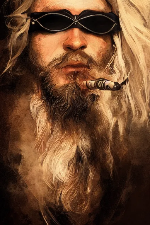 Image similar to blonde wild hair beard man, pirate eye - patch, playing guitare, close - up portrait, powerfull, intricate, elegant, volumetric lighting, scenery, digital painting, highly detailed, artstation, sharp focus, illustration, concept art, ruan jia, steve mccurry