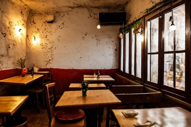 Image similar to belarussian cafe, state of melancholy, romantic, dimmed lights, realistic