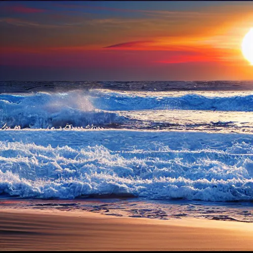 Prompt: captured image of a sun-dog ocean white sand, background of crashing surf (foam, rocks), tranquil, calming, nostalgic