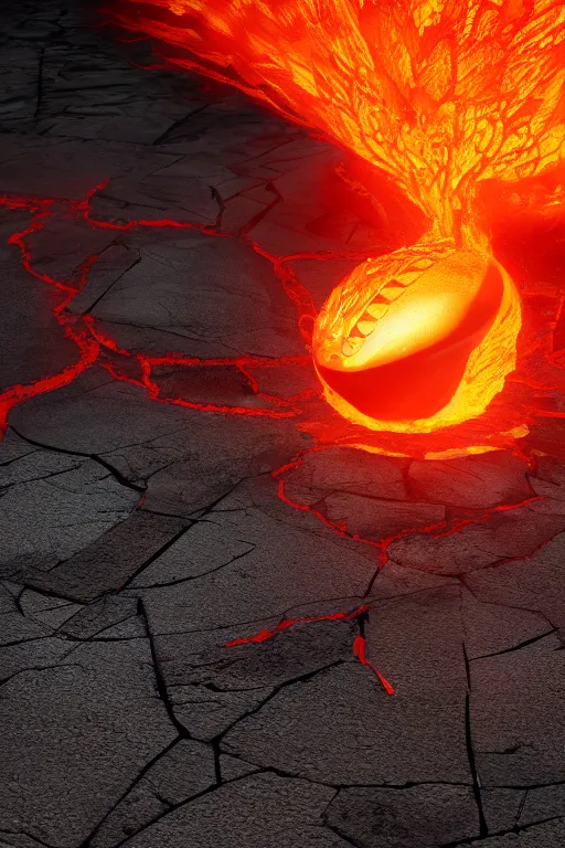 Prompt: a scaly phoenix egg made from opalescent coal and molten lava, on a carved red hot flaming stone floor photorealistic, dlsr, octane render, 8 k, cinematic lighting