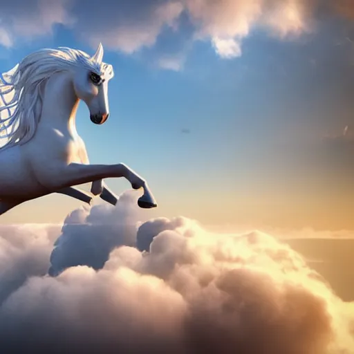 Image similar to pegasus over the clouds highly detailed, photorealistic portrait, bright studio setting, studio lighting, crisp quality and light reflections, unreal engine 5 quality render