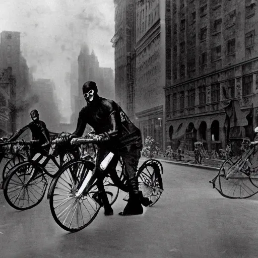 Image similar to old black and white photo, 1 9 1 3, depicting batcycle from dark knight rampaging through the bustling streets of new york city, rule of thirds, three - point perspective, historical record