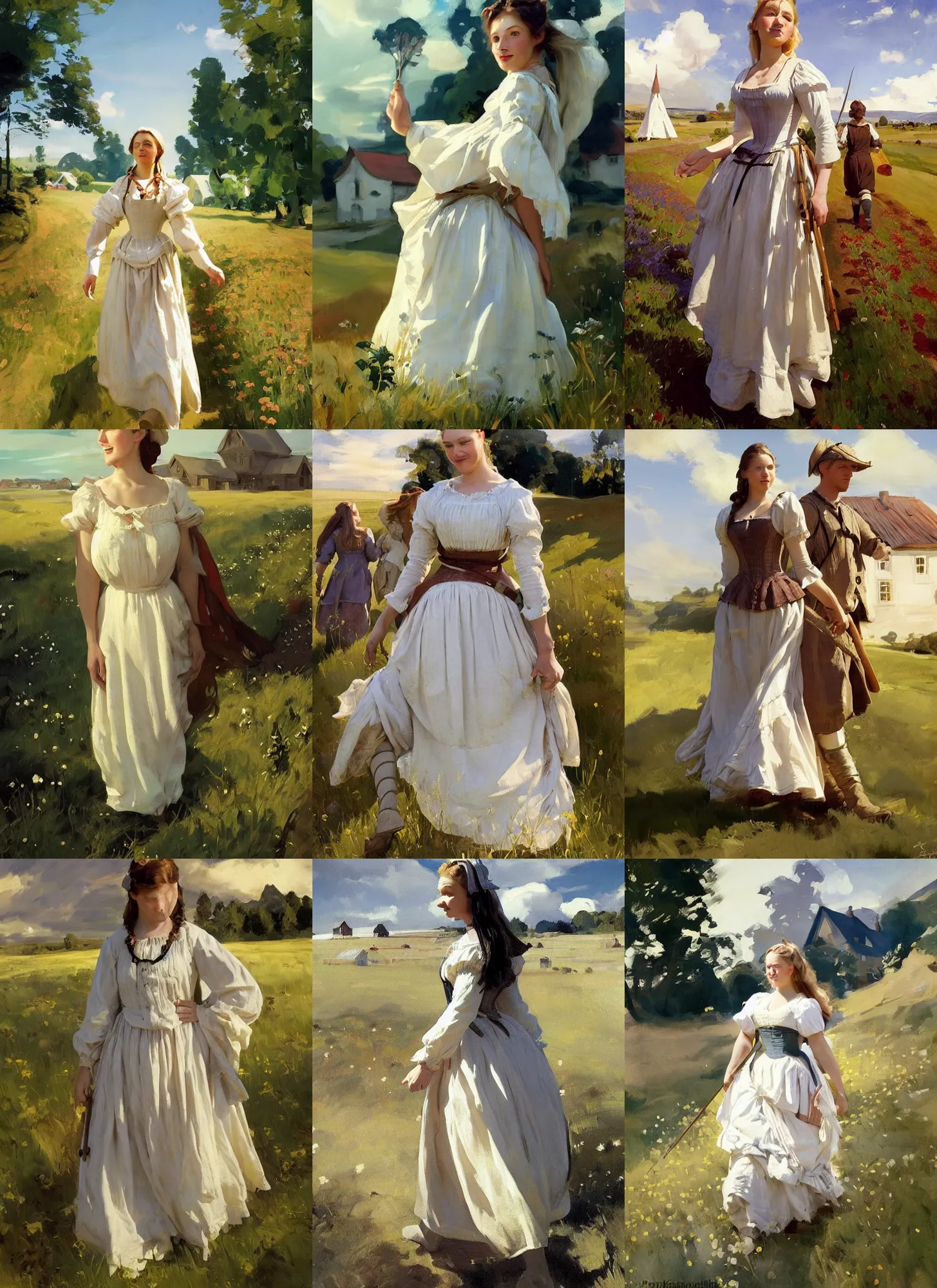 Prompt: finnish norway scandinavian attractive village maiden wearing 1 7 th century bodice walking in the field in a sunny day, jodhpurs greg manchess painting by sargent and leyendecker, studio ghibli, fantasy, medium shot, asymmetrical, intricate, elegant, matte painting, illustration, hearthstone, by peggi kroll roberts, by craig mullins