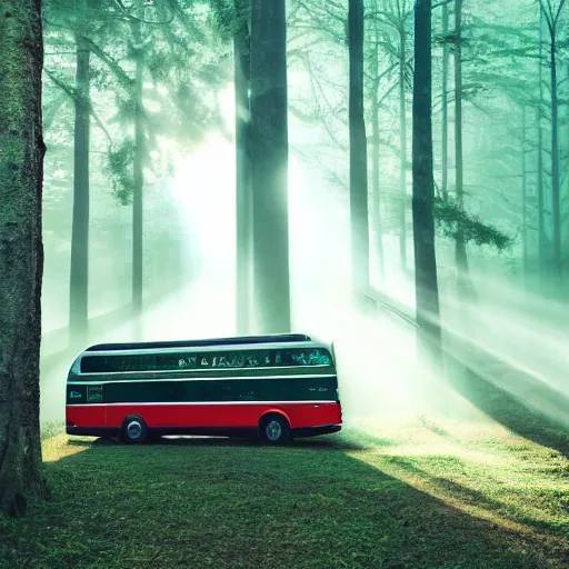 Prompt: big commercial bus with very creative livery in misty forest scene, the sun shining through the trees