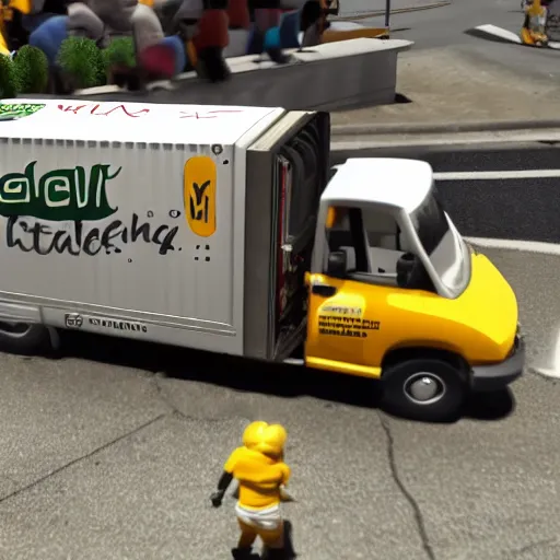 Image similar to human potatoes driving a mail truck going to heinz field in pittsburgh real life, 8 k, 4 k uhd, realistic, hyper realistic, super detailed, very detailed, detailed