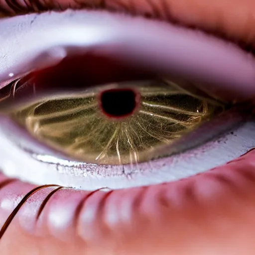 Prompt: a macrophotograph closeup of eyelash mites on a human eye