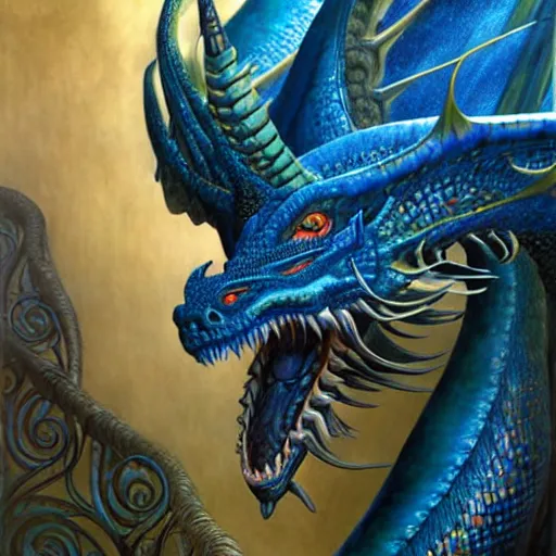 Prompt: closeup of a medieval fantasy blue dragon with electrcity magic, fantasy, d & d, high details, art by ( ( ( kuvshinov ilya ) ) ) and wayne barlowe and gustav klimt and artgerm and wlop and william - adolphe bouguereau