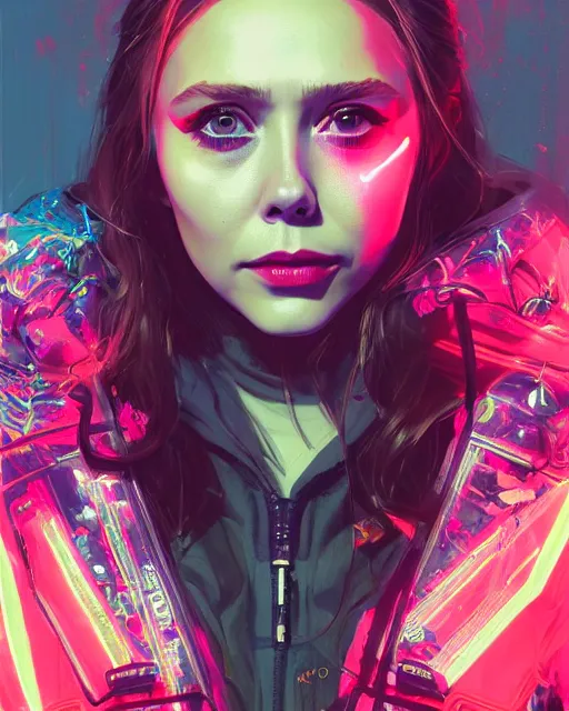 Image similar to detailed portrait of elizabeth olsen as a neon operator girl, cyberpunk futuristic, neon, reflective puffy coat, decorated with traditional japanese by ismail inceoglu dragan bibin hans thoma greg rutkowski alexandros pyromallis nekro rene margitte, illustrated, perfect face, fine details, realistic shaded, fine - face, pretty face