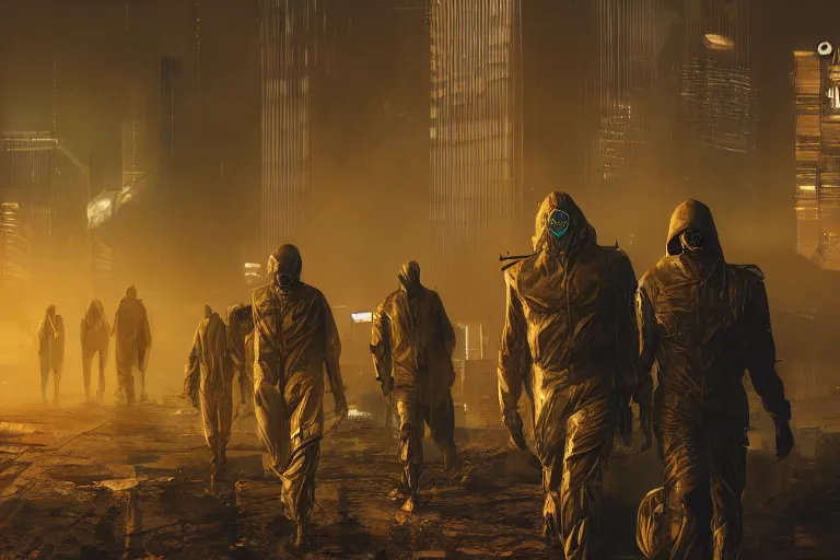 Prompt: humans with protection suits walking in cyberpunk apocalypse doomsday city with yellow poison poison fog, post nuclear coastline, fantasy concept art, hyper realistic illustration, symetrical complex fine detail, 8 k, sinister, artstation, unreal engine,