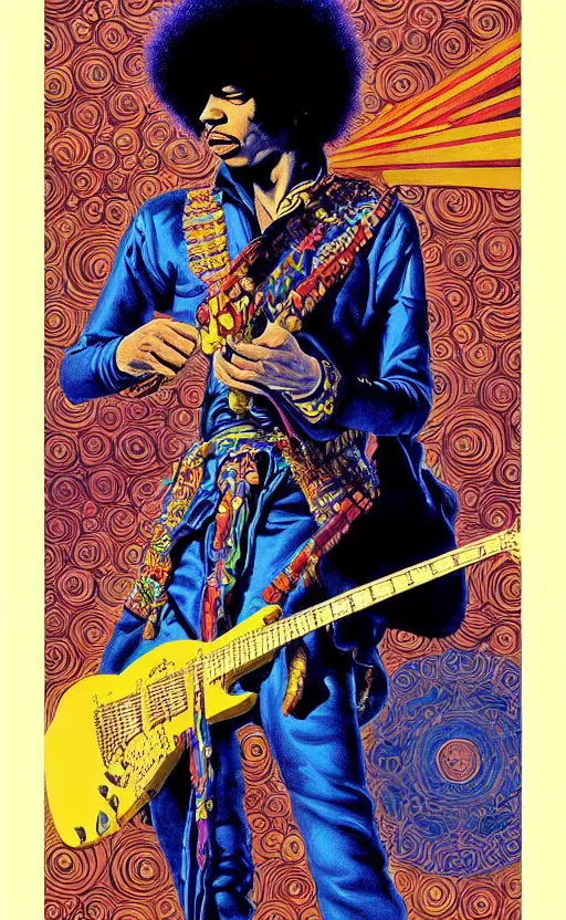 Image similar to an awesome jean giraud graphic art of jimi hendrix in the style of a renaissance masters portrait, new age symbolism and tibetan book of the dead imagery, intricately detailed, 4 k