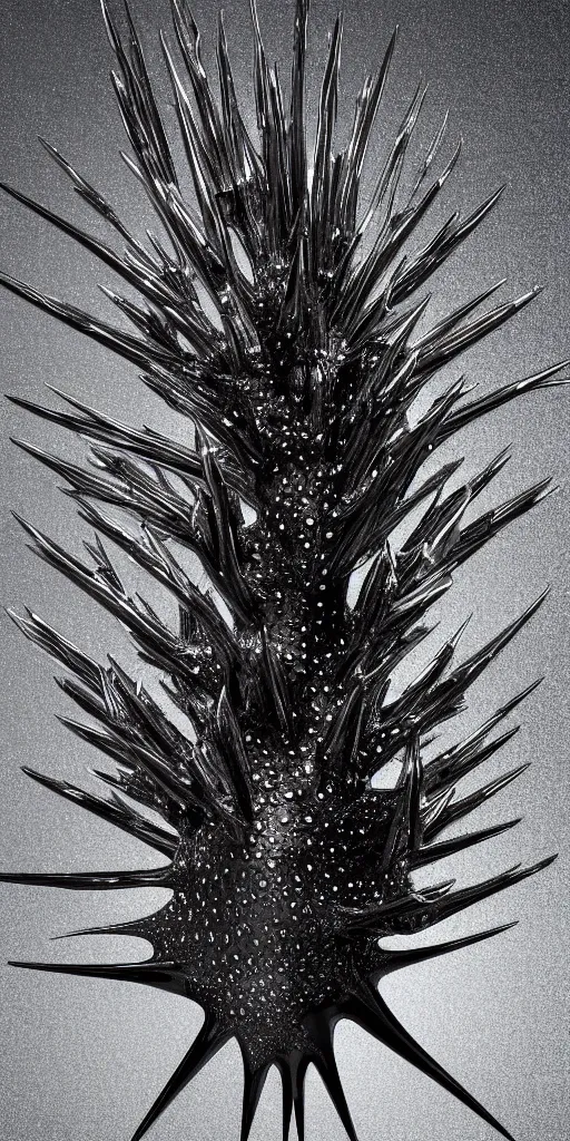 Image similar to a photorealistic render of a metallic neotribal spiky glaucus atlanticus sculpture, greyscale, made of liquid metal, c 4 d, by zhelong xu and ernst haeckel, wide angle, hyper realistic, plain background, 8 k, volumetric lightning, octane render