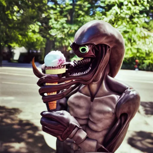 Prompt: xenomorph eating ice cream on a hot sunny day, photography