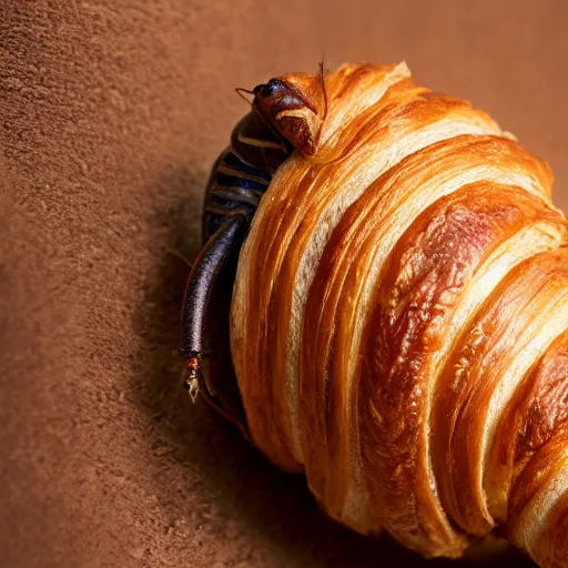 Image similar to a weta made out of croissant. high quality, high resolution, studio lighting