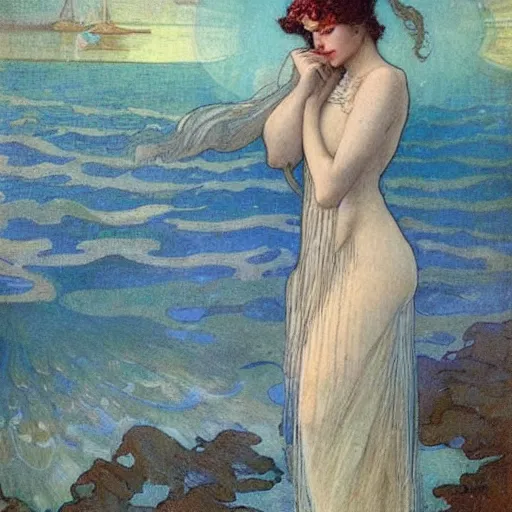 Prompt: magical water spirit woman looking towards the sea, dreamy atmosphere, mucha, gurney