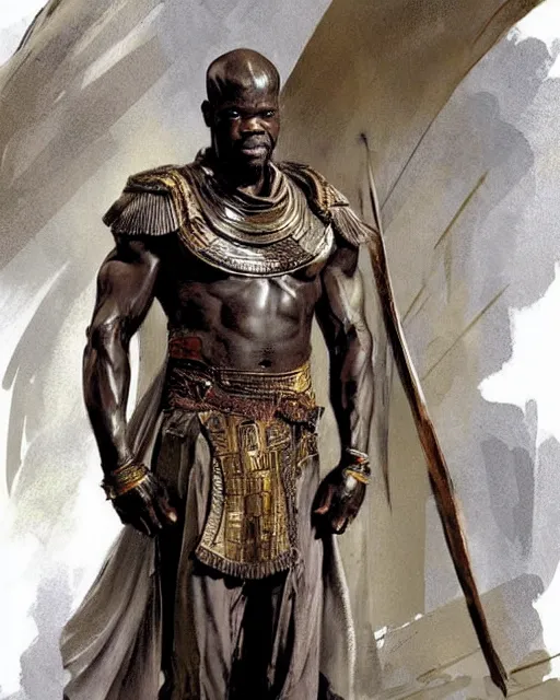 Prompt: concept art by anders zorn and craig mullins depicting djimon hounsou as a tall and very lean temple guard dressed in ancient egyptian heavy armor, flowing robes, harem pants, and leather strapped sandals