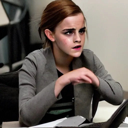 Prompt: destroyed computer by angry emma watson.