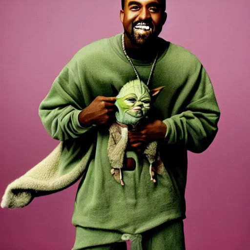 Image similar to kanye west smiling and holding yoda yoda for a 1 9 9 0 s sitcom tv show, studio photograph, portrait